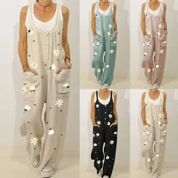 

2020 New Women Jumpsuit Overalls Stylish Buttons Sleeveless Marguerite Print Pockets Jumpsuit Bib Overall Pants Plus Size S-5XL