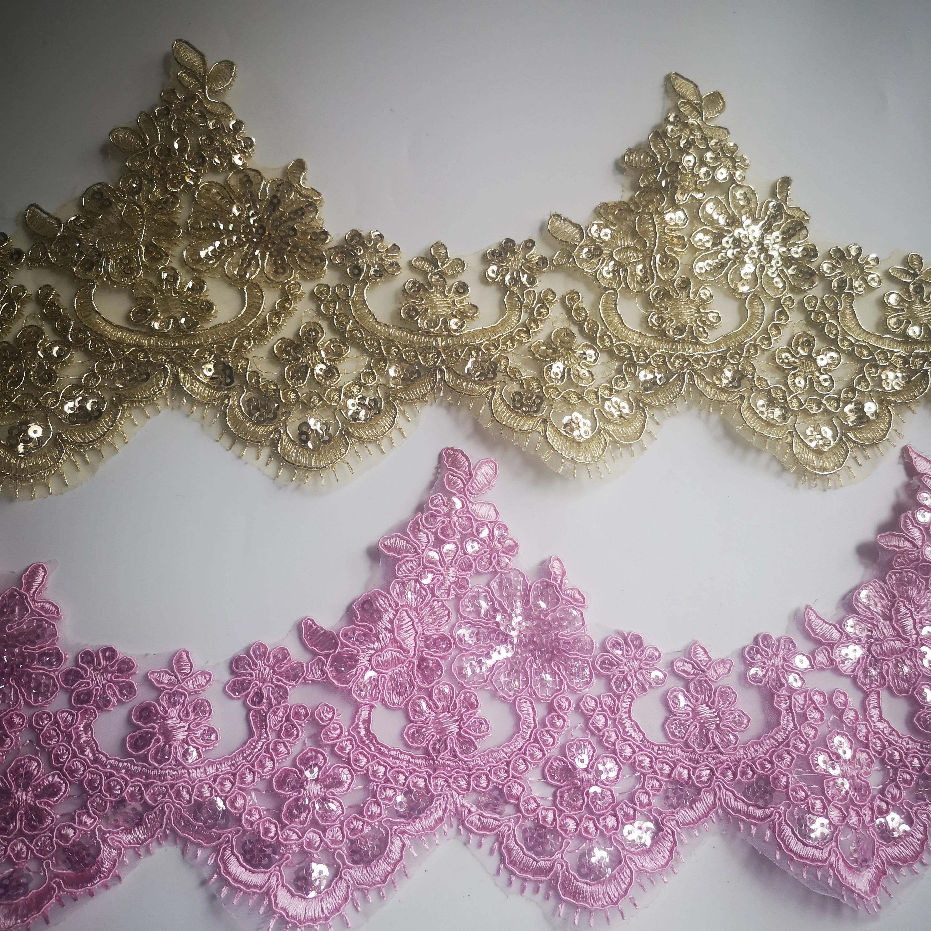 Gold Pink Lace Trim Luxury Embroidery Lace Fabric For Wedding Dresses 1Yard 13.5cm wide
