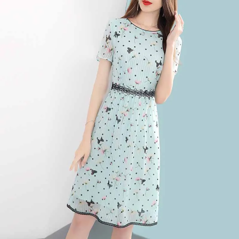 

2019 Summer New Style Green Printed Chiffon Dress Women's Floral-Print Slimming Mid-length A- line Skirt Ozhouzhan