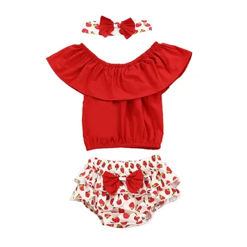 

Girl's Sets T Shirt and Cute Strawberry Printed Shorts Bow