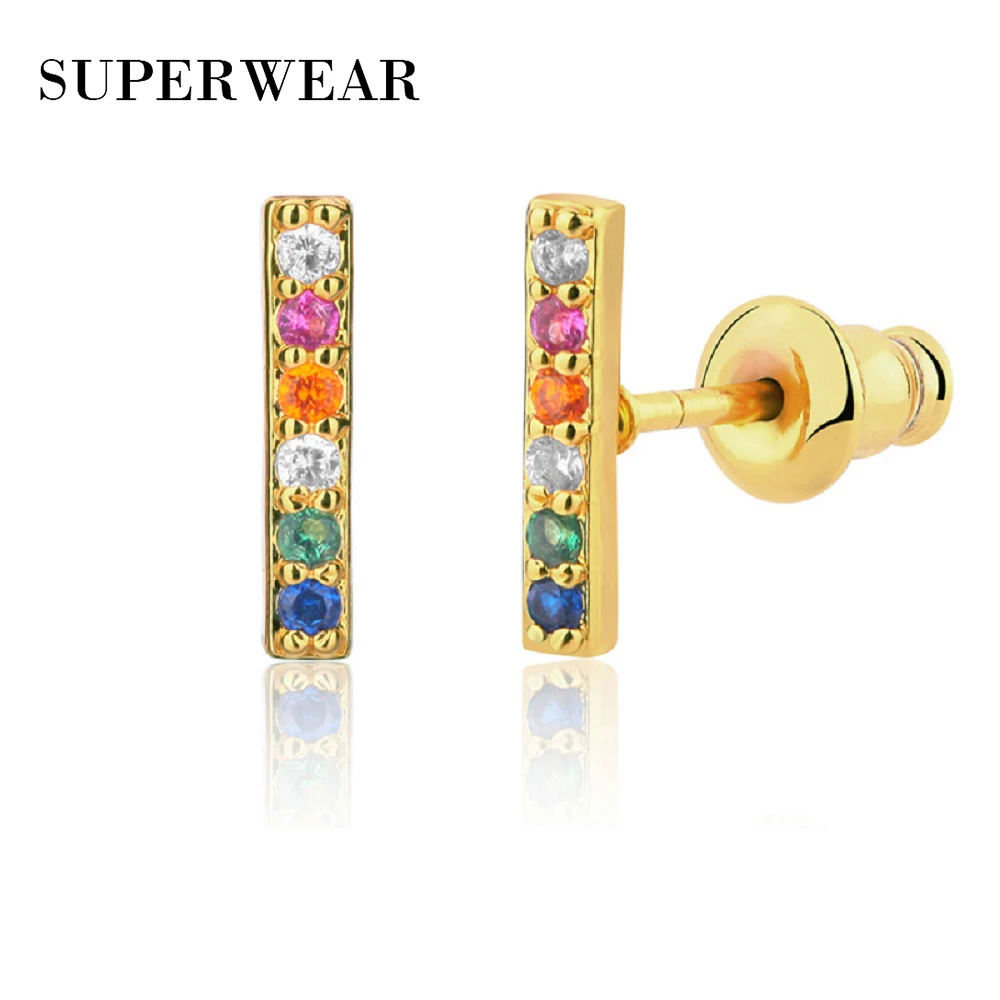 

SUPERWEAR Minimalist Stud Earrings for Women Yellow Gold Color Vertical Bar Earring with Rainbow Stone Piercing Ear Cuff Jewelry
