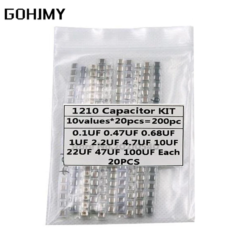 Kit Assortito Condensatore Smd 1210, 10 Valori * 20 Pezzi = 200 Pezzi 100Nf ~ 100Uf Kit Campioni Kit Elettronico Fai Da Te