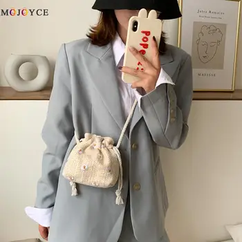 

Fashion Ladies Daisy Flower Design Handmade Straw Weave Bucket Shoulder Messenger Bag Women Summer Beach Drawstring Pocket Bags