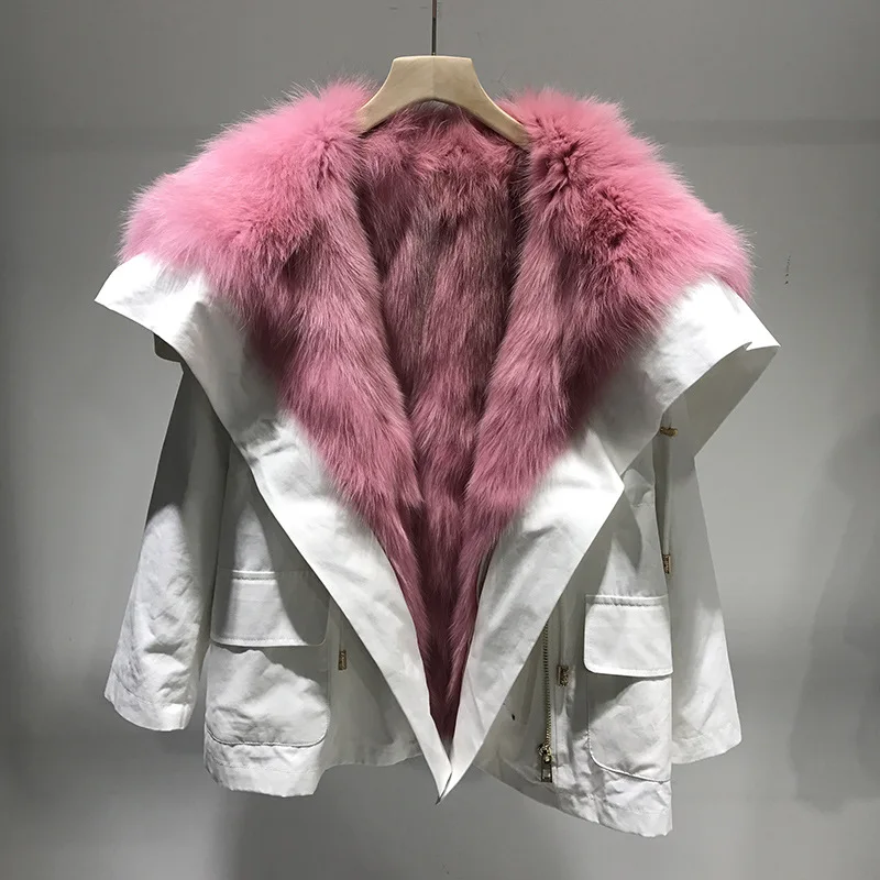 white pink Parka Women New Winter Casual Hooded Long Sleeve Fox Fur Liner Detachable Coat Loose Thick Fox Fur Jacket Female NS1452 - Цвет: white pink