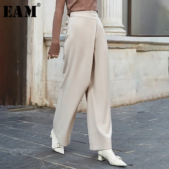 

[EAM] High Waist Button Apricot Split Long Wide Leg Trousers New Loose Fit Pants Women Fashion Tide Spring Autumn 2020 1N366