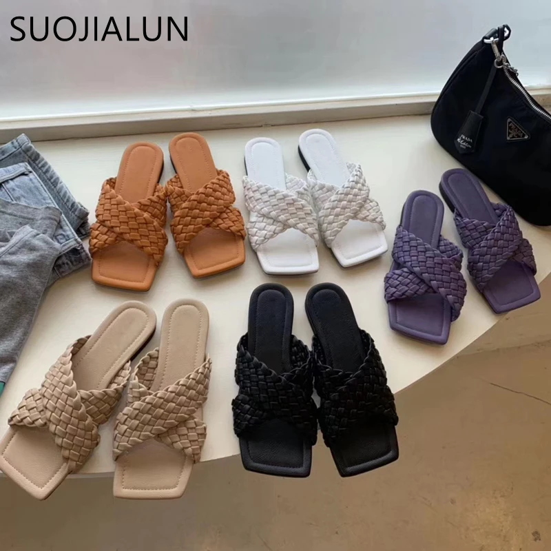 SUOJIALUN 2020 New Square Toe Flats Slipper Brand Design Weave Slides