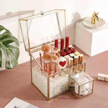 

Glass Makeup Brush Holder Storage Drawer Box With White Pearls Gold Glass Makeup Brush Pearls Holder Storage Drawer Box