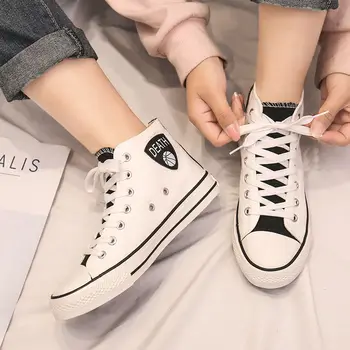

Spring 2020 High-Top Korean Student Flat Breathable Patchwork Simple White Canvas Sneakers Womens board shoes Not grind feet