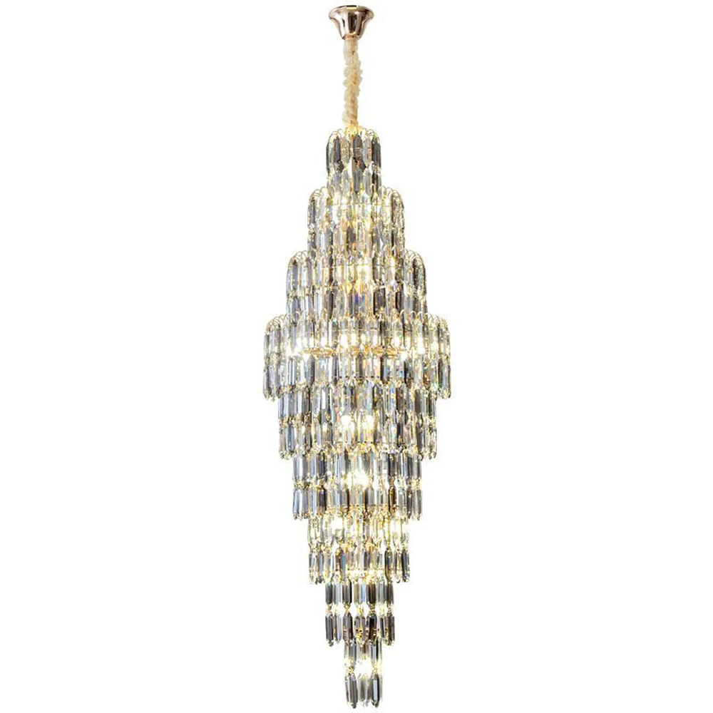 

Multi Layers Long Crystal Chandelier Smoking Grey Crystal Staircase Lamp AC110V 220V Luxury Cristal Hotel Lobby Lights