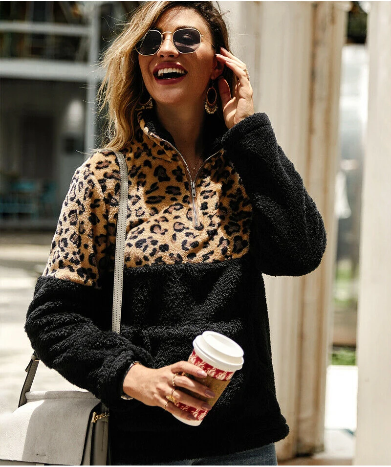 Модные женские толстовки с леопардовым принтом; элегантные флисовые толстовки с длинными рукавами; свободный Зимний пуловер; женские топы; дамские свитера; уличная одежда