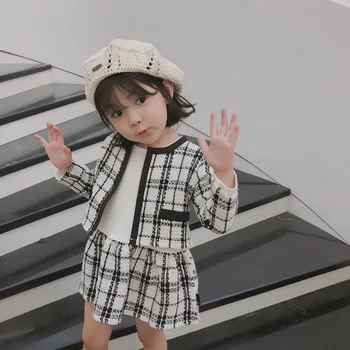 

Girls coat net red casual plaid two-piece small fragrance wind child skirt two-piece skirt