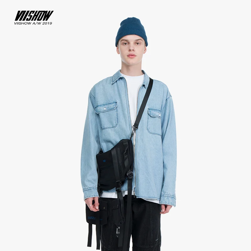 

VIISHOW Mens Denim Shirt Long Sleeve Cotton Jeans Zip cardigan Casual Shirts Men Two-pocket Light blue washed shirt CC1717193