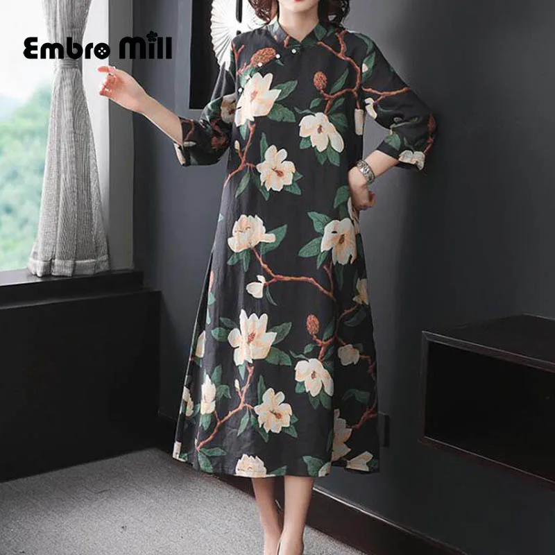 

Autumn The New Ramie black dress Chinese style peony printing Standing collar elegant Loose women's A-line dress M-2XL