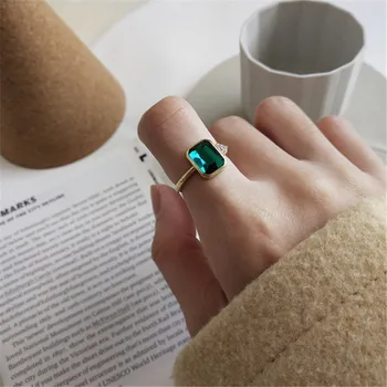 

POFUNUO Real 925 Sterling Silver Japanese Korean Girl Exquisite Green Zircon Emerald Rings Women 18K Gold Nordic Style Chic Ring