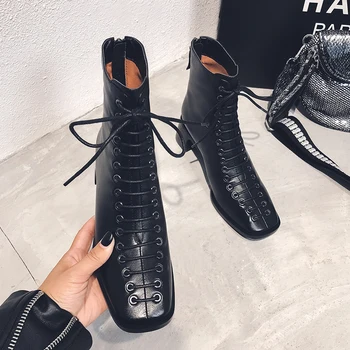 

INS HOT Women ankle boots Genuine Leather Plus size 22-26cm cow leather Square toe rider boots winter boots women shoes