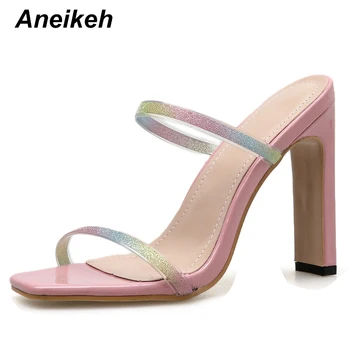 

Aneikeh NEW Sexy Pink PVC Sequins Narrow Band Women Heeled Sandals Pumps Super High Heels Peep Toe Slingback Dress Lady Shoes