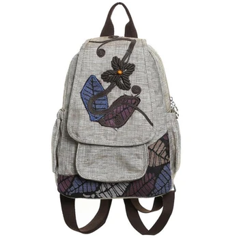

Retro Floral Leaf Embroidery Female Lady Backpack Ethnic Style Leaf Flower Beads Rucksack Student School Bag Girl