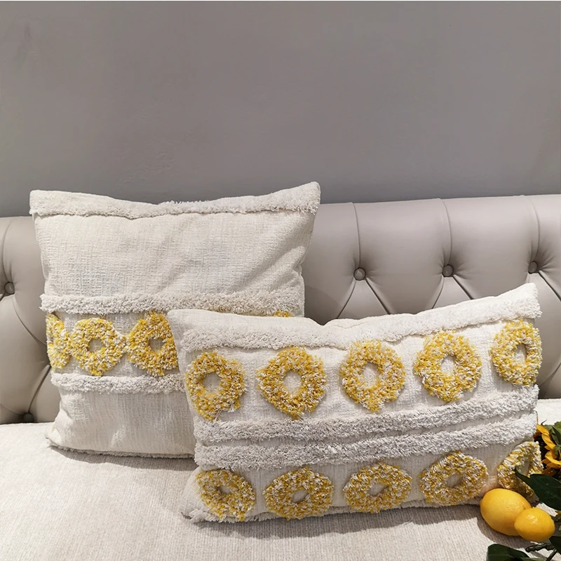

Yellow Cushion Cover Tufting Plush Ivory Yellow Circle Pillow Case For Sofa Seat Simple Home Decoration45*45cm 30x50cm