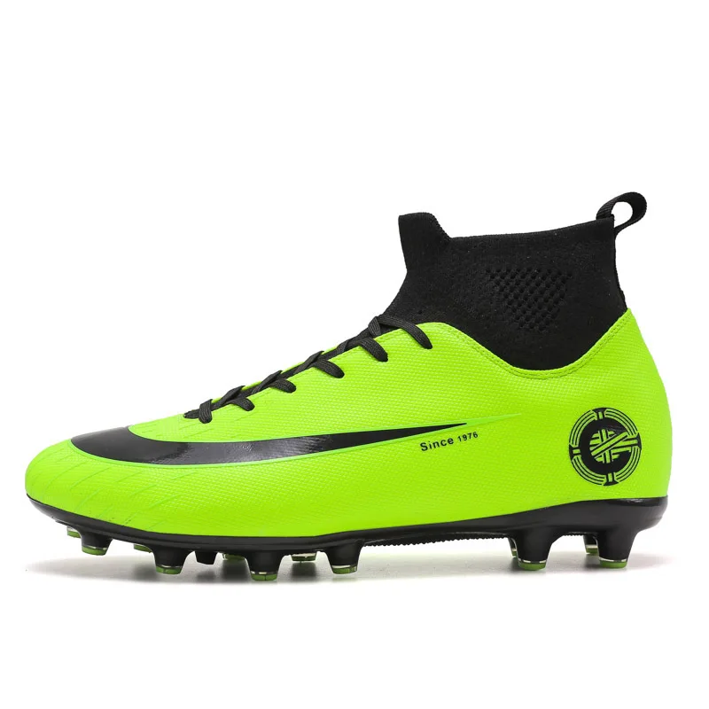 green long spikes Брендовые футбольные бутсы; мужские футбольные бутсы; Искусственная трава; оригинальные; FG; супервысокие ботильоны; детская обувь; носки для улицы - Цвет: green long spikes