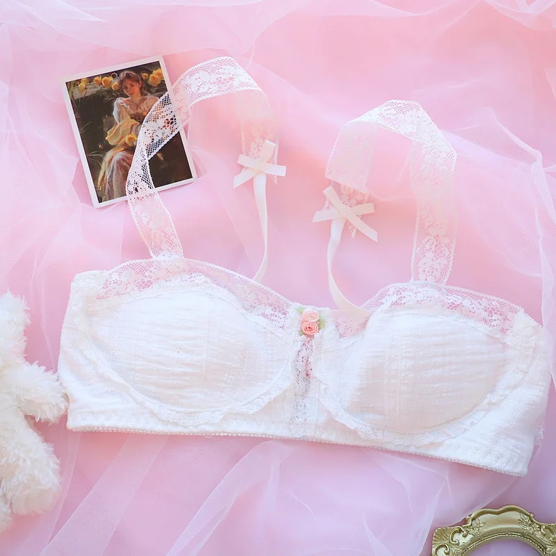 French Bra and Panty Set Retro Lolita Girl Small Bra Underwear Summer Sweet White Lingerie Lace Sexy Wire Free Bra Briefs Set sexy bra and panty Bra & Brief Sets