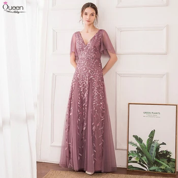 

Sequined Prom Dresses Long Dusty Pink A-Line V-Neck Short Ruffles Sleeve Sexy Elegant Formal Women Party Gowns Vestido De Festa