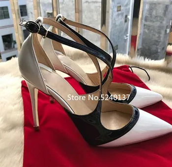 

Sexy Pointed Toe Cross Strap Women Pumps Mixed Color Patent Leather Thin Heel Buckle Strap Party/Wedding High Heels Femme