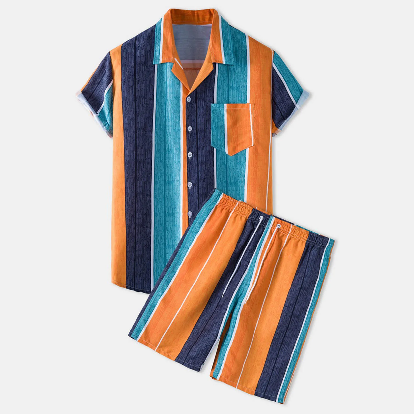 

Hawaiian Men Sets Streetwear Striped Printing Beach Short Sleeve Lapel Shirt Board Shorts For Men Vacation Conjuntos Masculinos