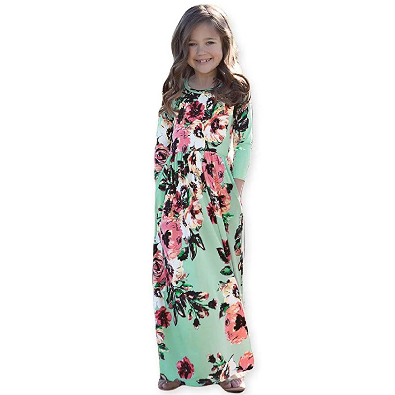 Girls Maxi Dress Kids Pleated Floral Printed Casual T-Shirt 3/4 Sleeve Summer Long Holiday Dress with Pocket for Girls 2-8T D45