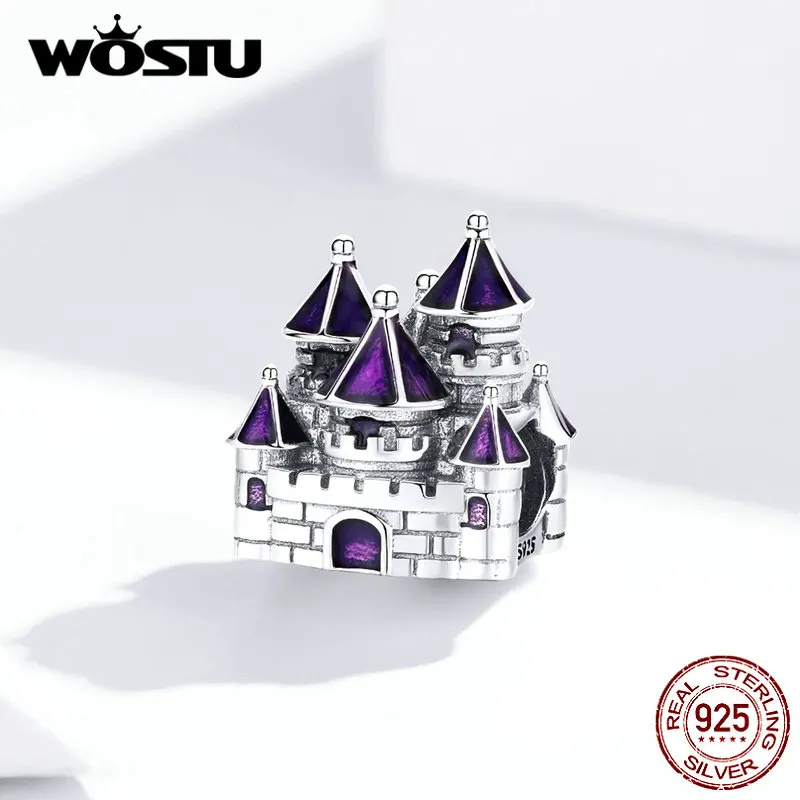 WOSTU 925 пробы Серебряный сказочный замок бусины фиолетовый талисманы подходят браслет кулон для женщин S925 ювелирные изделия подарок FNC122