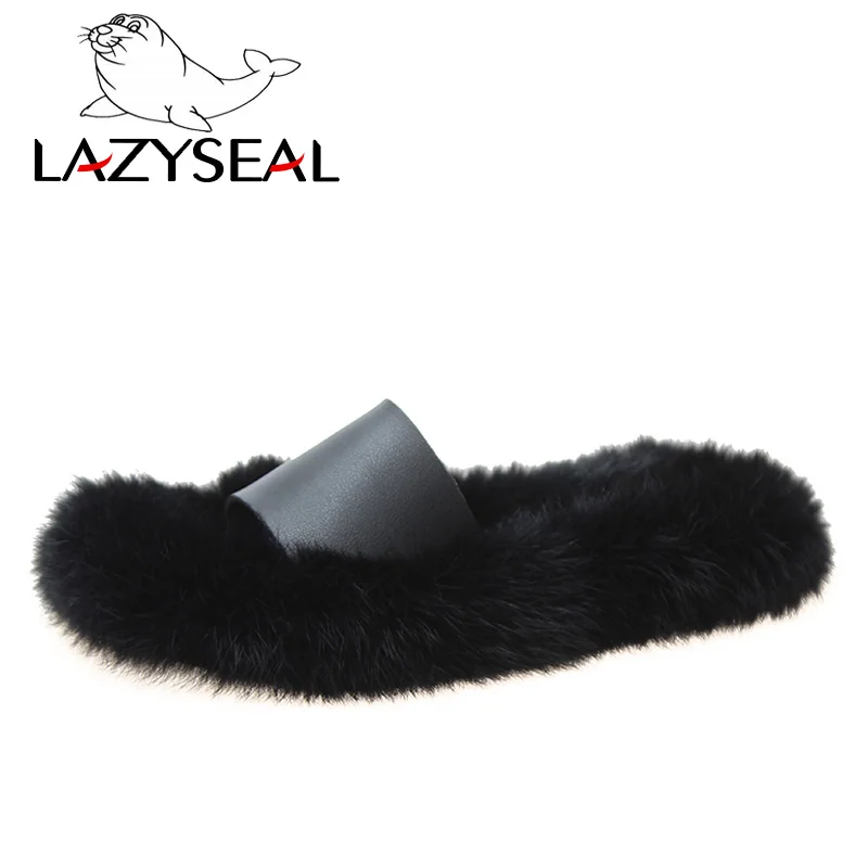 LazySeal/натуральные тапочки их меха под кролика; женская обувь; Домашние пушистые тапочки; теплые домашние шлепанцы; женские Вьетнамки; обувь из плюша на плоской подошве - Цвет: Black