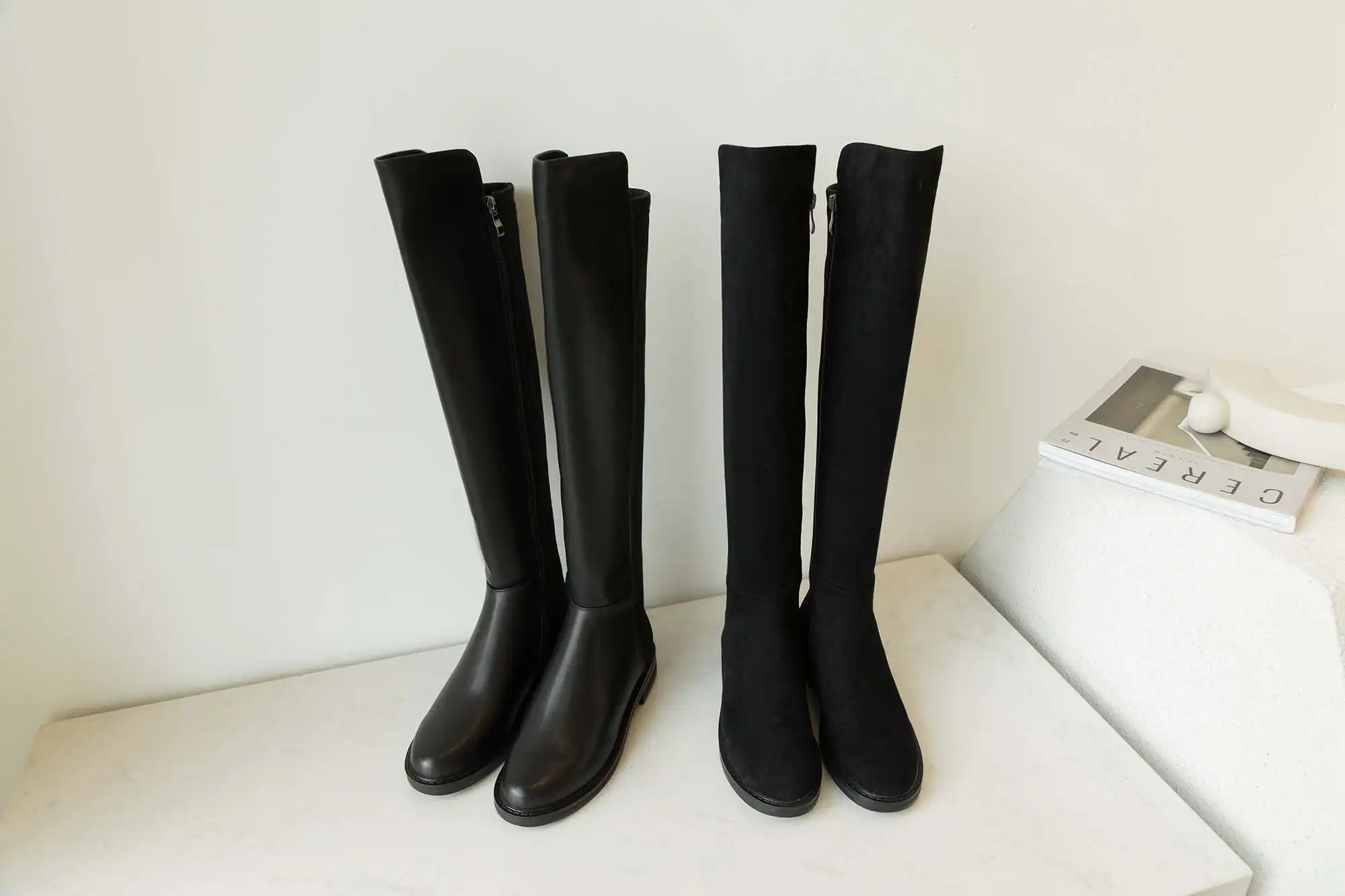 Krazing pot/высококачественные сапоги из флока на низком каблуке с молнией и круглым носком; большие размеры 43-42; сохраняющие тепло высокие сапоги до бедра; l26
