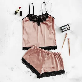 

2Pcs Women New Sexy Lace Lingerie Silk Underwear Sleepwear Nightdress Pajamas Satin Solid Color Sleeveless Lace Set Nightwear