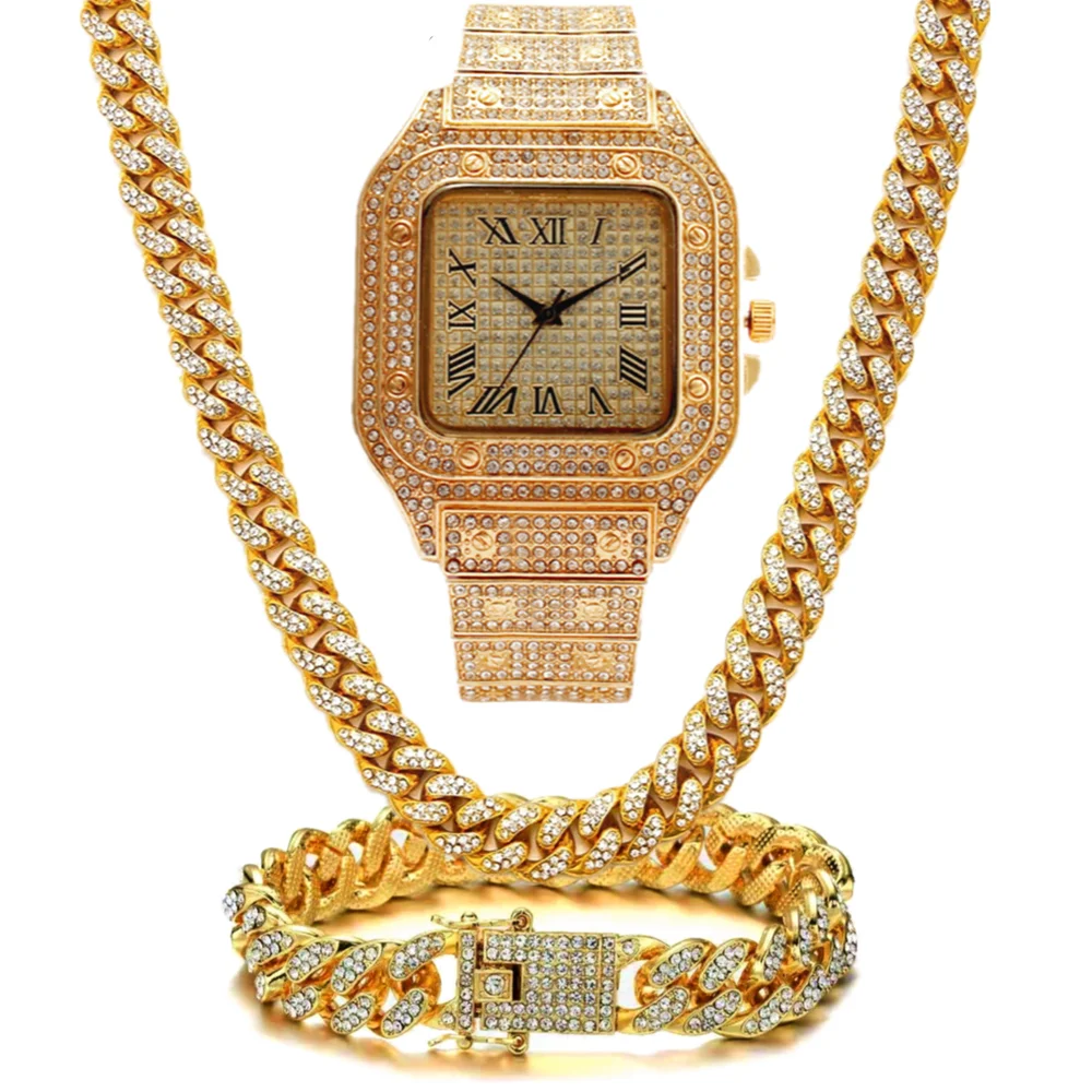 Iced Out per donna Hip Hop Miami Bling CZ cubano grande catena collana pavé strass oro orologio uomo_voghion.com