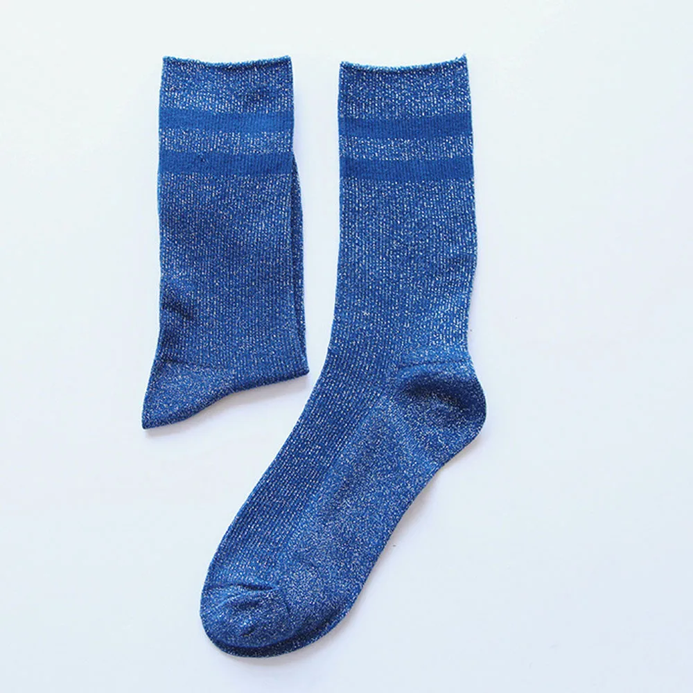 Зимние женские теплые носки-трубы, хлопковые модные носки в стиле ретро, темно-синие японские золотые носки и носки серебристого цвета, 50
