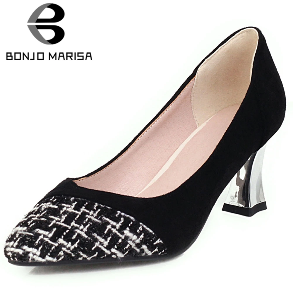 

BONJOMARISA Elegant Shallow Lady Pumps Shallow Spring Casual Cloth Flock Pumps Women Office Comfortable High Heels Shoes Woman