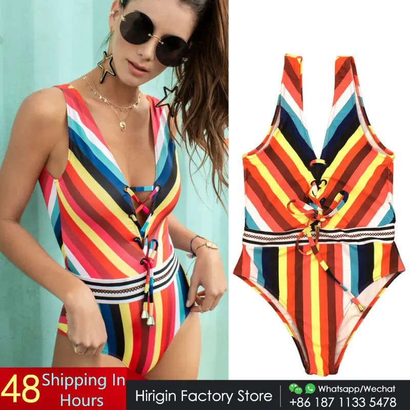 Hirigin Multi Coler Striped One Piece Swimsuit Women Swimwear 2020 New Bandage Push Up Padded Deep V Bikni Bathing Suit |
