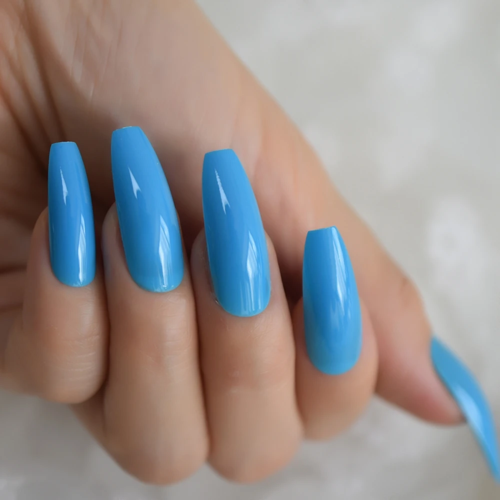 Uñas postizas Extra largas de neón azul, superficie brillante acrílica,  cubierta completa de ataúd, Uñas postizas brillantes, uñas largas de  bailarina, 24 Uds.|Uñas postizas| - AliExpress