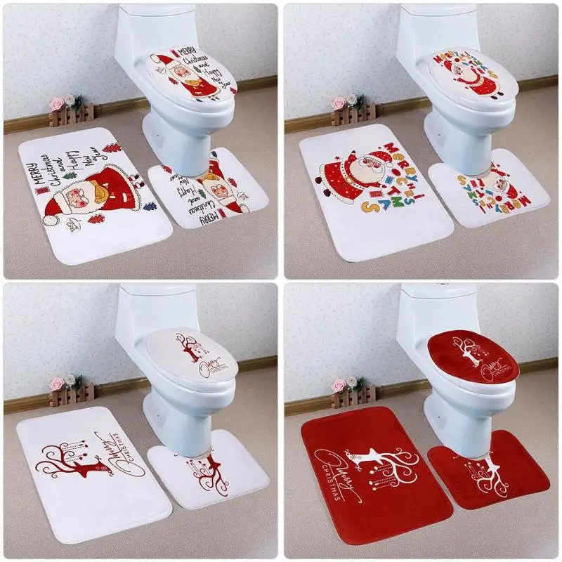 

3pcs Anti Slip Christmas Santa Tree Square U Shape Bath Mats Toilet Cover