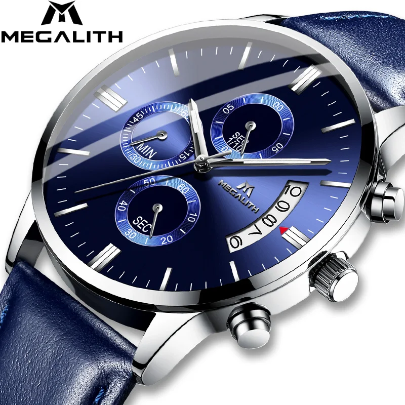 

MEGALITH Men Watch Mens Watches Top Brand Luxury Quartz wristWatch Orologi blue leather strap date calendar Relogio Luxo 8008