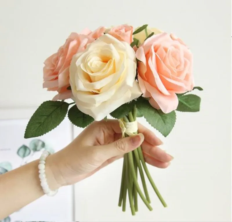 Rose Artificial Flowers Bouquet 5 Heads 3 Buds Silk Fake Flowers Home Party Wedding Decoration Bouquets flores artificiales