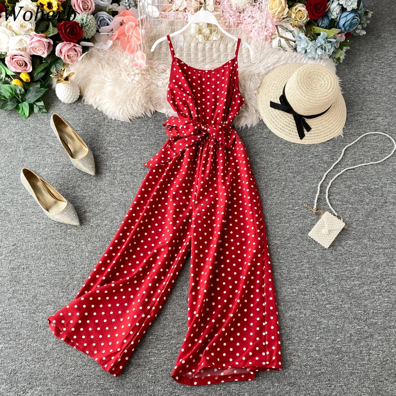 

Woherb New Arrival Sleeveless Polka Dot Jumpsuits Backless High Waist Wide Leg Pants Overalls Korean Fashion Loose Rompers 91501