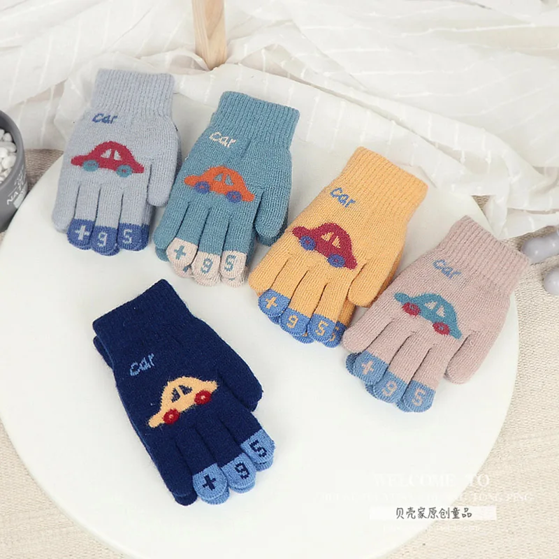 Children Gloves For 4-8 Years Boys Winter Knitted Soft Warm Cute Cartoon Car Kids Gloves Full Finger Girls Mittens 2