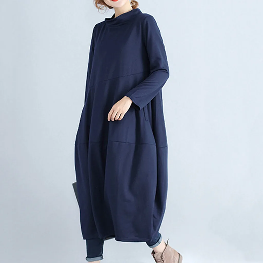 nuevos trajes модное женское длинное платье с длинным рукавом, водолазка, однотонное Плиссированное льняное свободное платье espalda cruzada para mujer