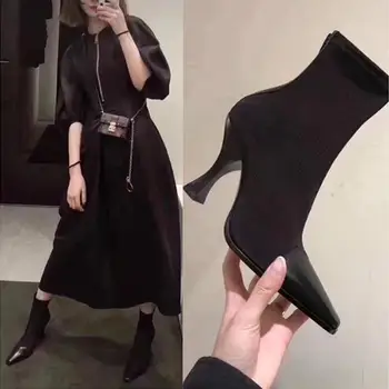

2018 new winter ladies boots leather stitching high heel square stiletto low boots