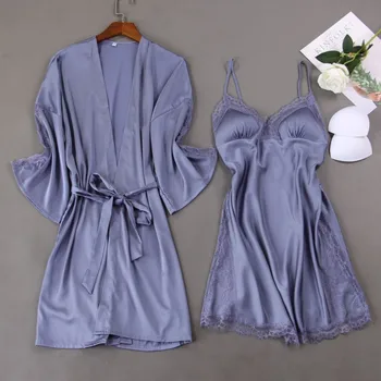 

Women Satin Sexy Pajamas Sets Ladies Nightgown Print Two-pieces Silk Sleepwear Robe+Nightdress Lounge Sets Pijama
