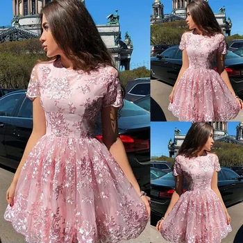 

1PCS New Women's Fashionable Round Neck Short Sleeve Lace Prom Dresses