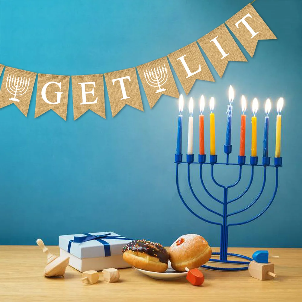 Джутовые мешковины давайте загореть баннер Hanukkah праздник мантель гирлянда для камина изделия для декорации