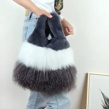 

Korean style fashionable women's hand carrying backpack Rex rabbit hair real fur hand holding fox hair sheep plush fur bag