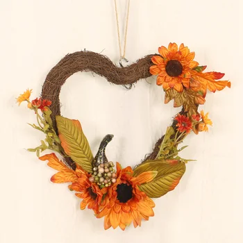 

Ne Artificial Sunflower Wreath Heart-shaped Rattan Flower Wreath Front Door Outdoor Wall Hanging Wedding Home Decoration TE889