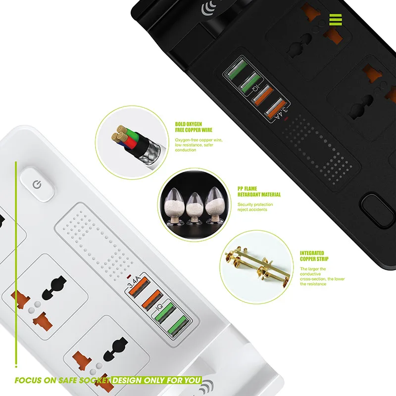 Tira de Energia Inteligente com Carregador sem Fio Carregador Rápido Desktop Tomada Estação Carregamento 3ac Interruptor Soquete Universal 2usb +qc 3.0 - Image 3